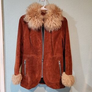 Vtg Burnt Orange Suede Penny Lane Jacket Groovy 70s Leather Western Coat 13 14 L